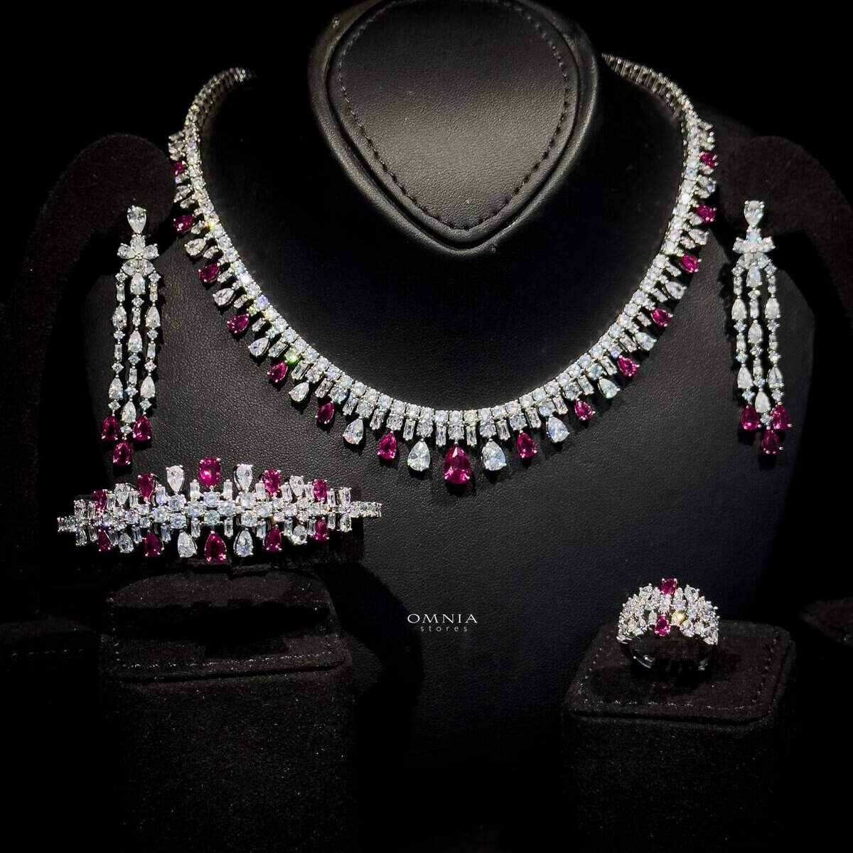 Omnia Nisrine Maroon Bridal Full Set Accessories in High Quality Zircon Stone in Rhodium Plated - OMNIASTORES UAE