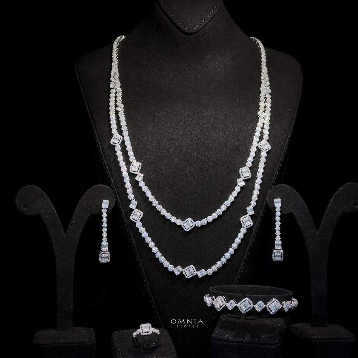 Omnia Thekra Bridal White Long chain Set Accessories High Quality Zircon Stone In Rhodium Plated - OMNIASTORES UAE