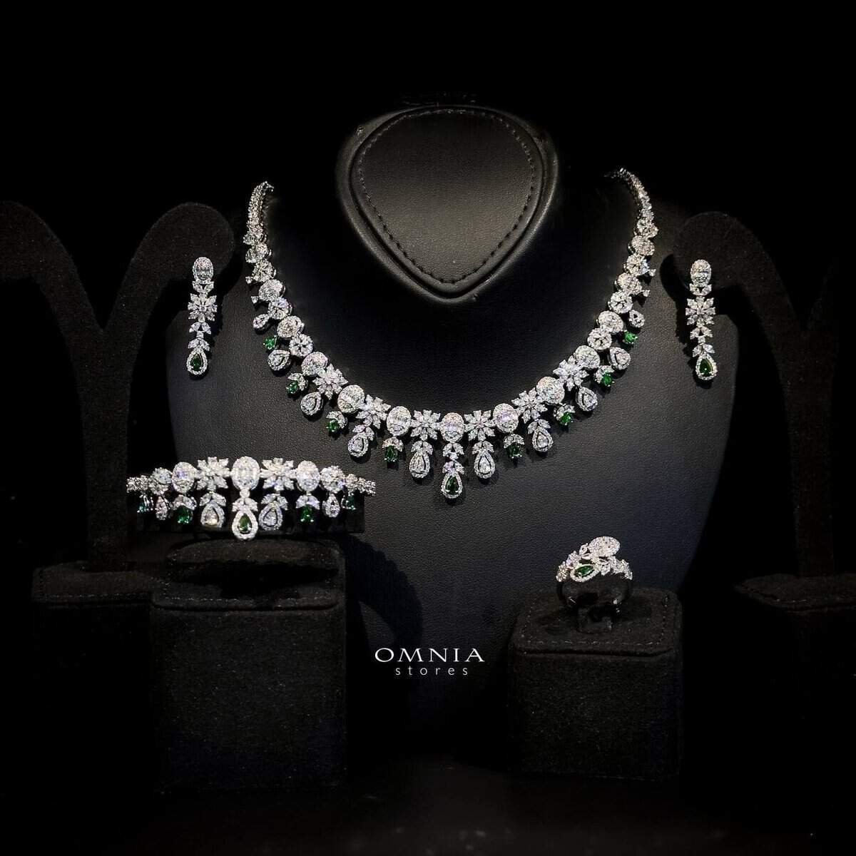 Omnia Trisha Green Bridal Full Set Accessories in High Quality Zircon Stone Rhodium Plated - OMNIASTORES UAE