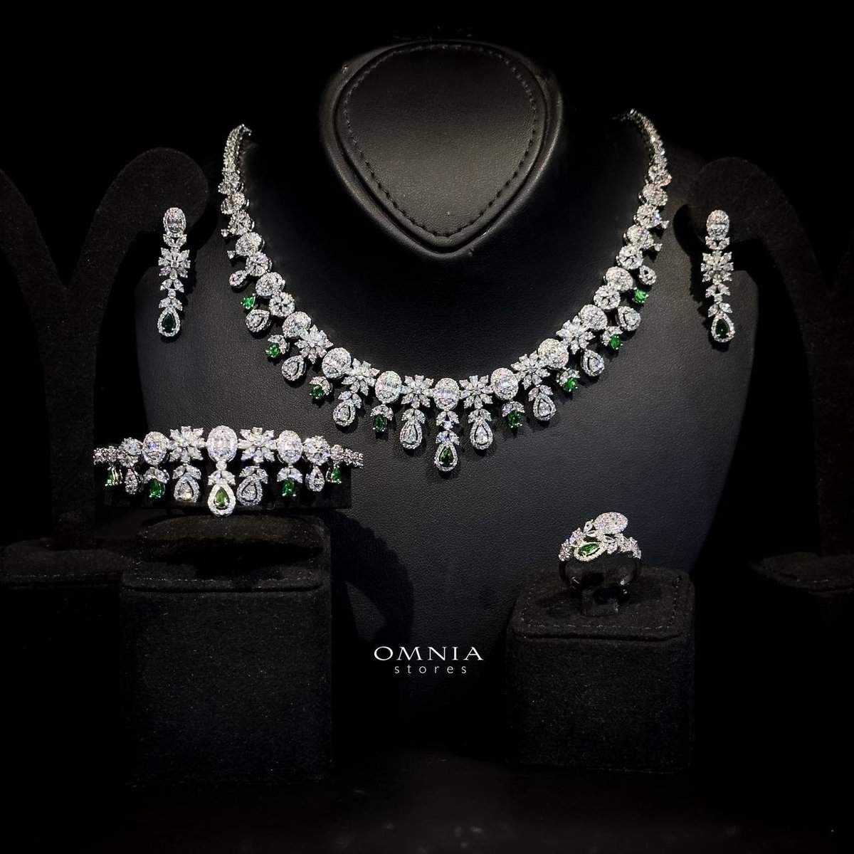 Omnia Trisha Green Bridal Full Set Accessories in High Quality Zircon Stone Rhodium Plated - OMNIASTORES UAE
