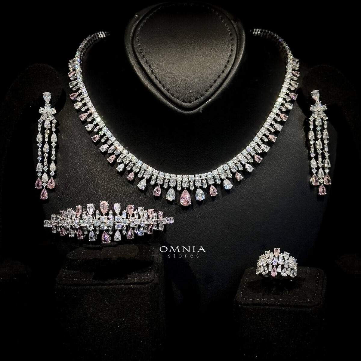 Omnia Nisrine Pink Bridal Full Set in High Quality Zircon Stone in Rhodium Plated - OMNIASTORES UAE