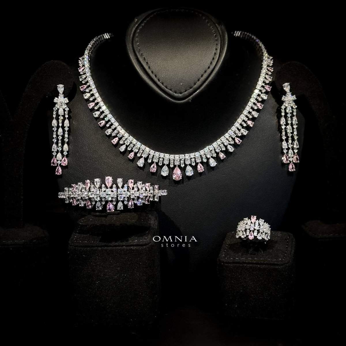 Omnia Nisrine Pink Bridal Full Set in High Quality Zircon Stone in Rhodium Plated - OMNIASTORES UAE