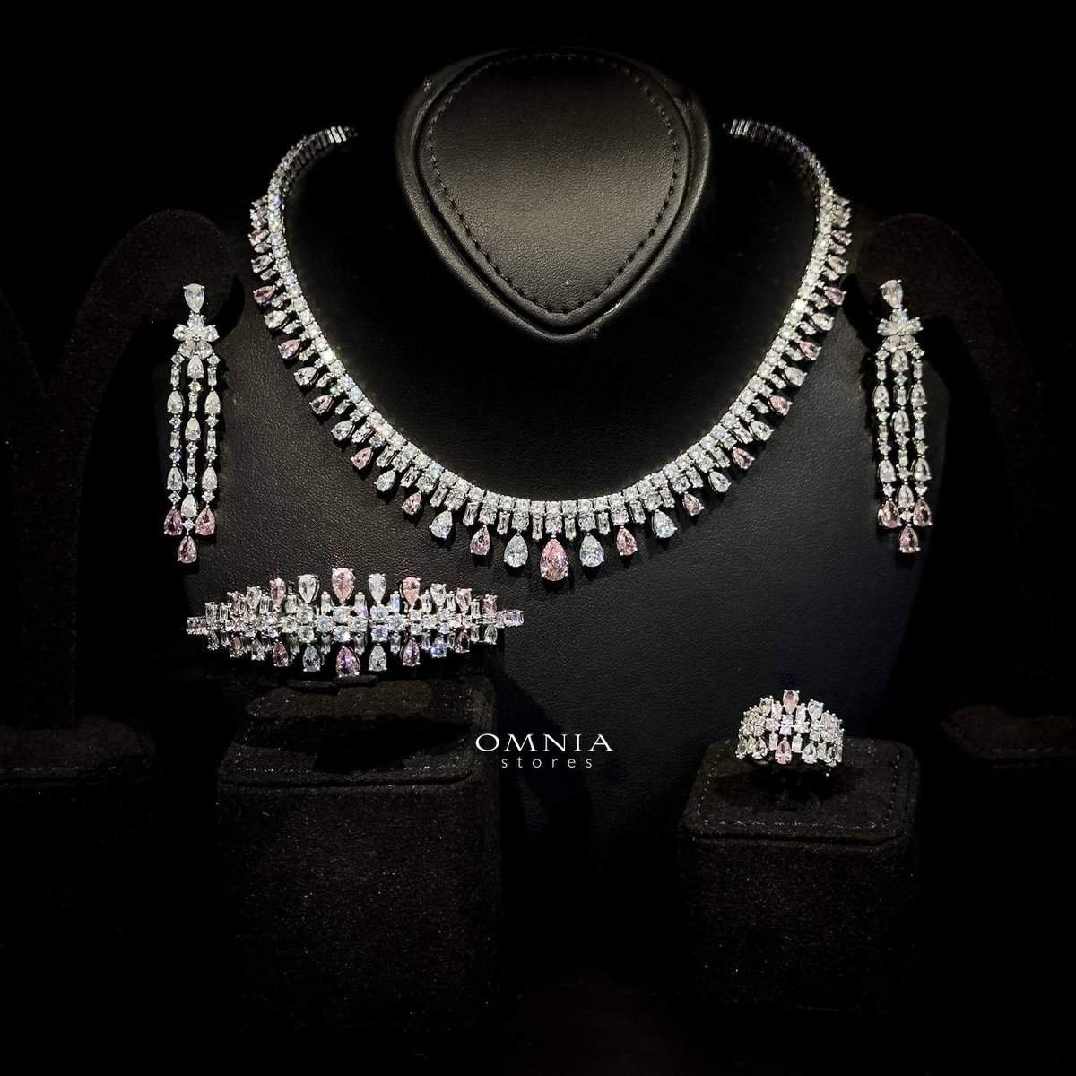 Omnia Nisrine Pink Bridal Full Set in High Quality Zircon Stone in Rhodium Plated - OMNIASTORES UAE