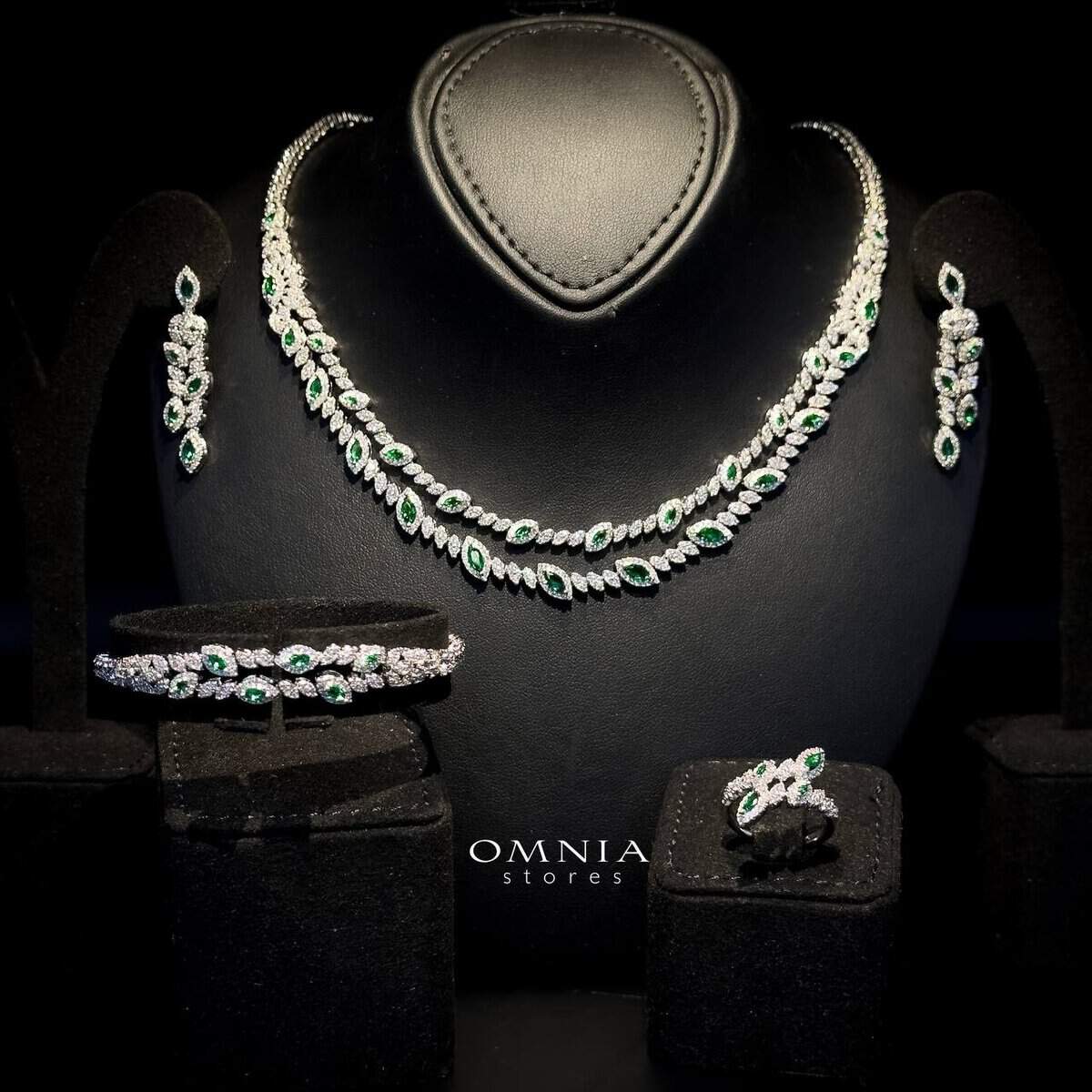 Omnia Nada Green Bridal Full Set Accessories in High Quality Zircon Stone Rhodium Plated - OMNIASTORES UAE