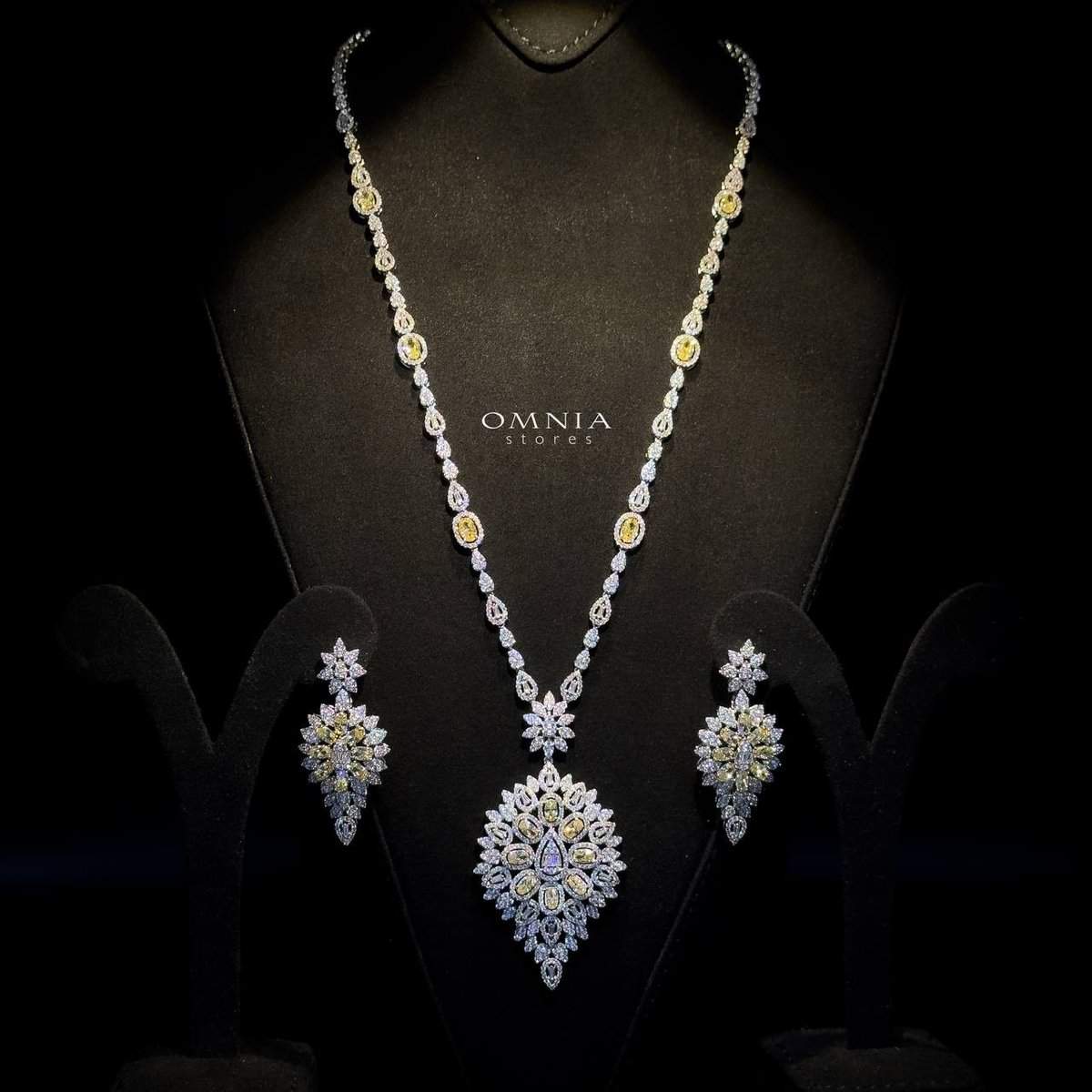 Omnia hasmaa Bridal Long chain Set Accessories High Quality Zircon Stone In Rhodium Plated - OMNIASTORES UAE