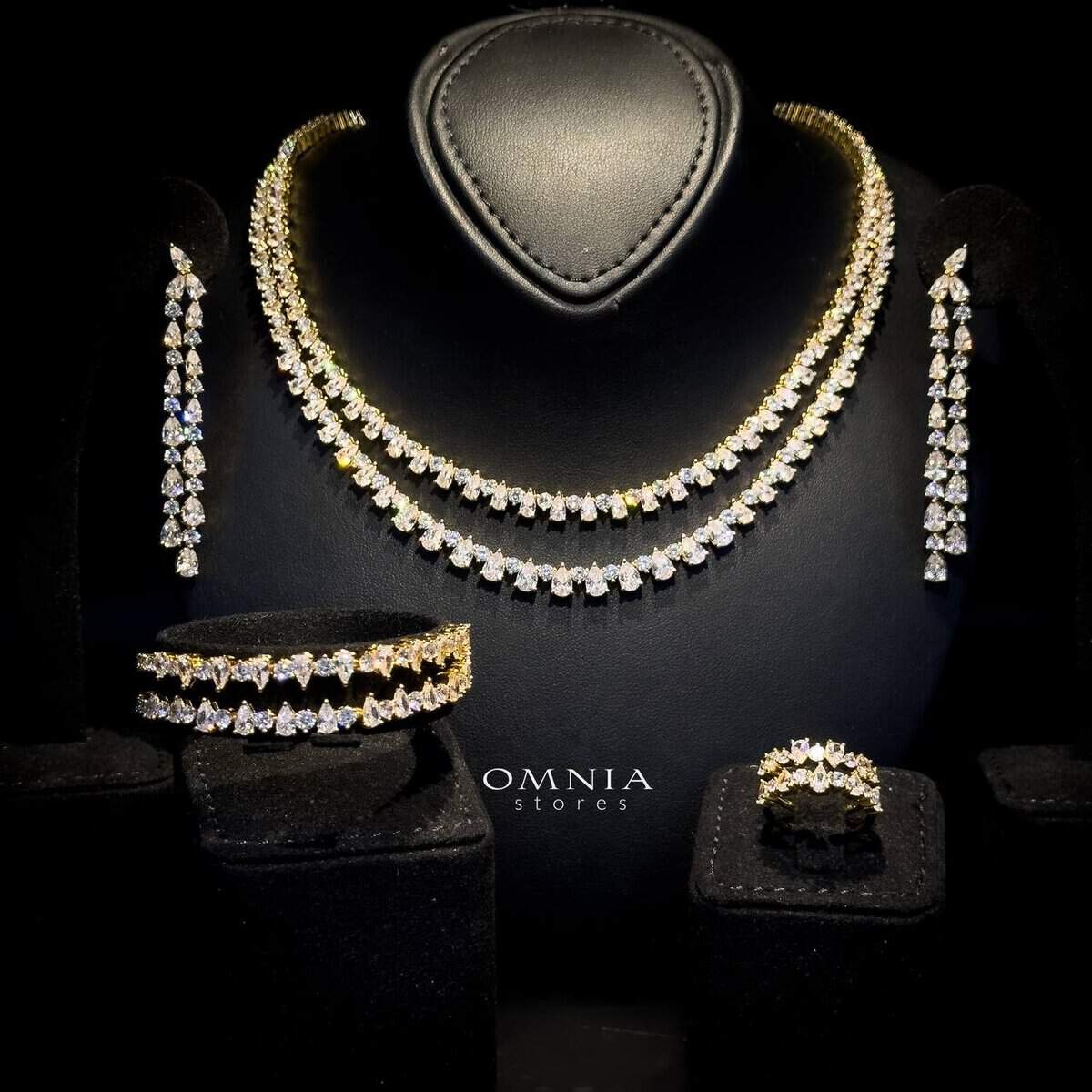 Omnia Aria Golden Bridal Full Set in High Quality Zircon Stone Rhodium Plated