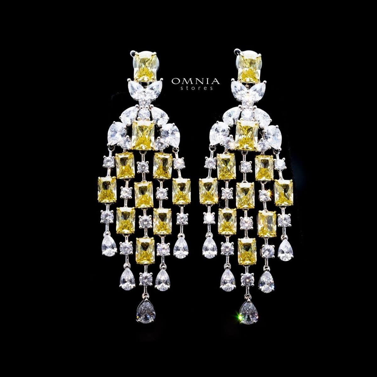 Omnia Israa Yellow Chandelier Earrings In 92.5 Silver High Quality Simulated diamonds - OMNIASTORES UAE