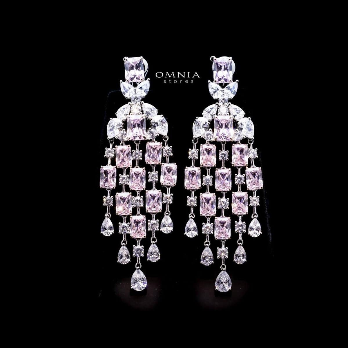 Omnia Israa Pink Chandelier Earrings In 92.5 Silver High Quality Simulated diamonds - OMNIASTORES UAE