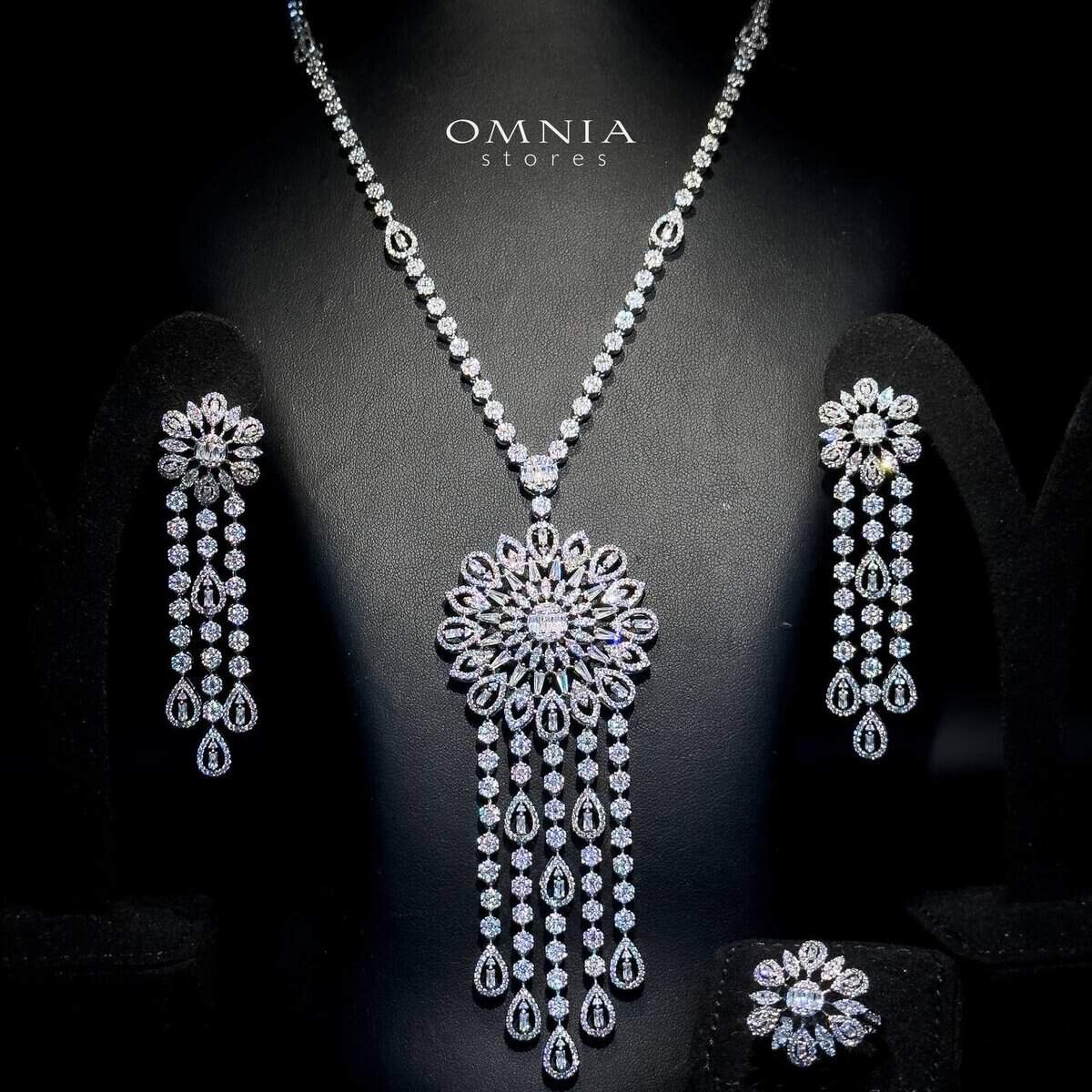 Omnia Rula Bridal Long chain Set Accessories High Quality Zircon Stone In Rhodium Plated - OMNIASTORES UAE