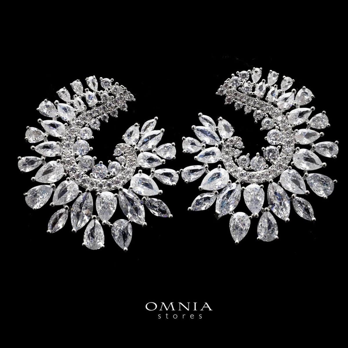 Omnia Aurora Marquise Cut Crescent Stud Earrings in High Quality Zircon Stone Rhodium Plated - OMNIASTORES UAE