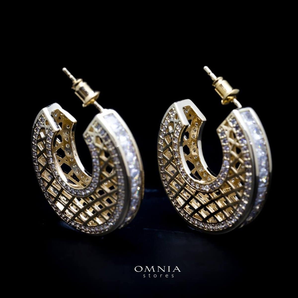 Omnia Joud Golden Earrings in High Quality Zircon Stone Rhodium Plated - OMNIASTORES UAE