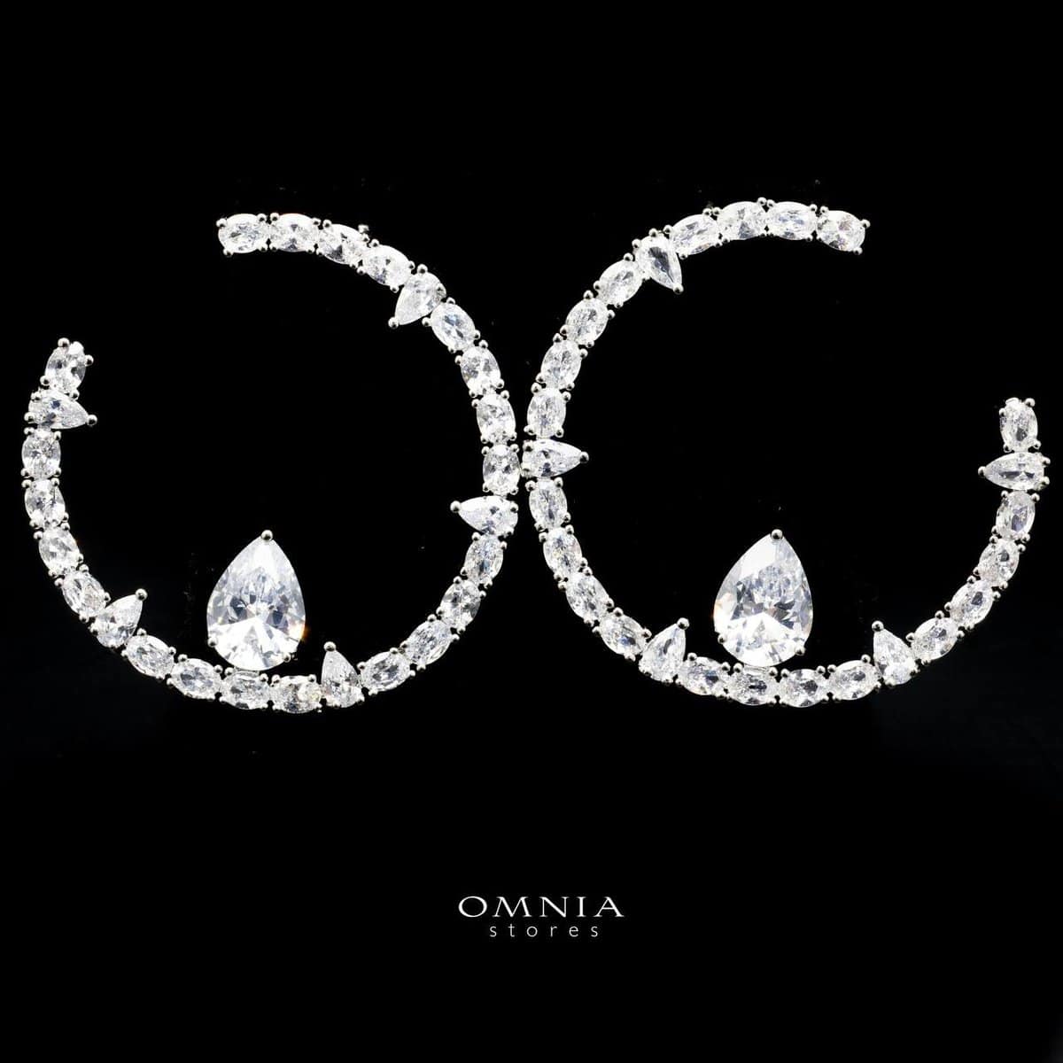 Omnia Maliha Teardrop Accent Crystal Hoop Earrings in High Quality Zircon Stone Rhodium Plated - OMNIASTORES UAE