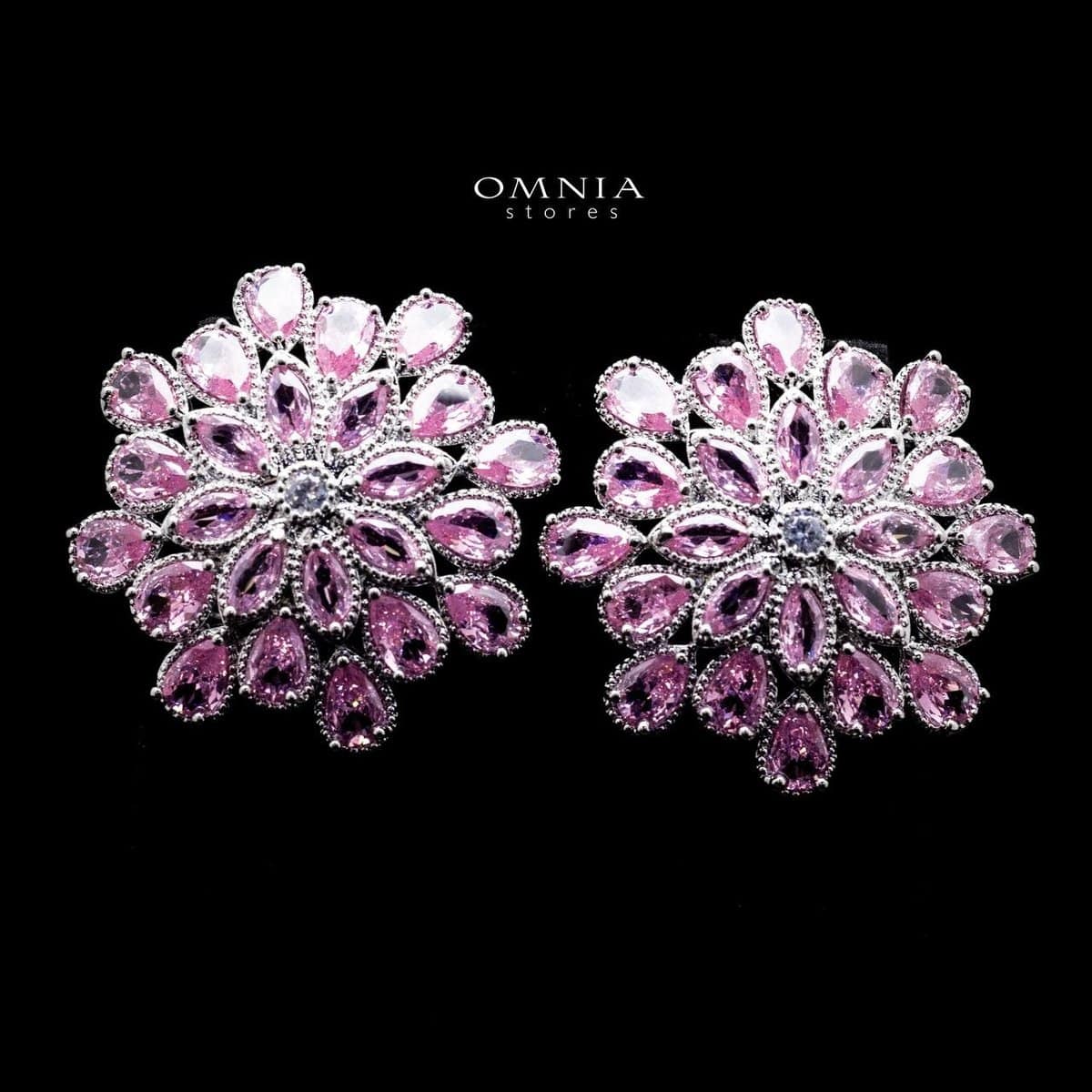 Omnia Elsa Pink Floral Earrings with Teardrop-Cut Zircon Stones in a Silver-Tone Rhodium Plated Finish - OMNIASTORES UAE