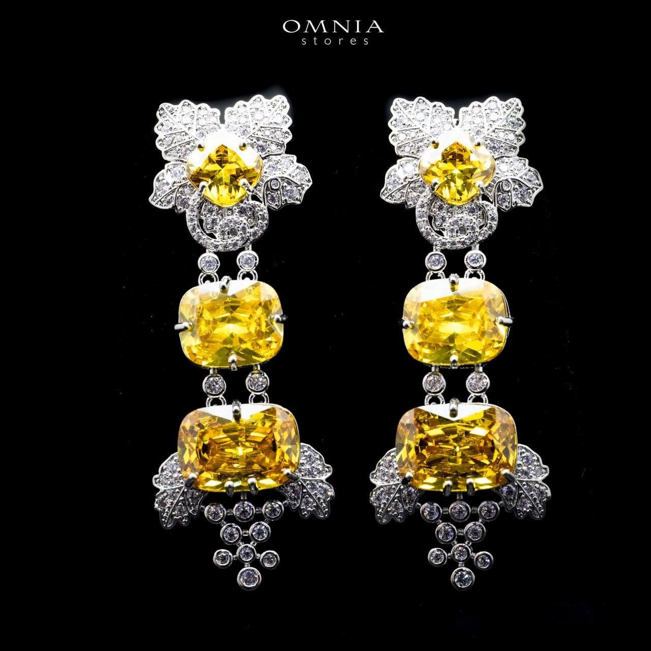 Omnia Colet Floral Drop Earrings with Yellow Cushion Cut Zircon Stone in High Quality Rhodium Plated - OMNIASTORES UAE