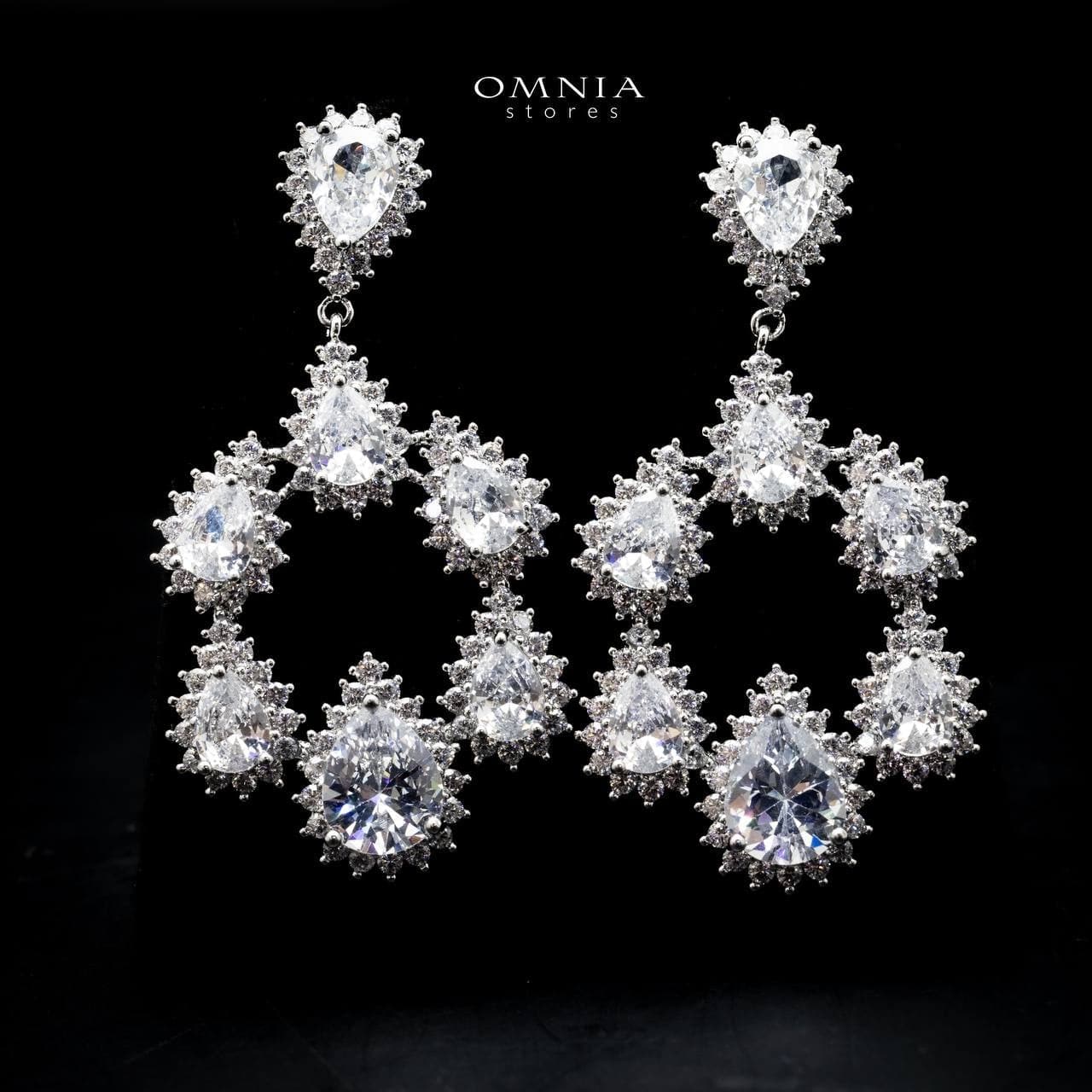 Omnia Hamem Teardrop Chandelier Earrings with White Zircon in High Quality Rhodium Plated - OMNIASTORES UAE
