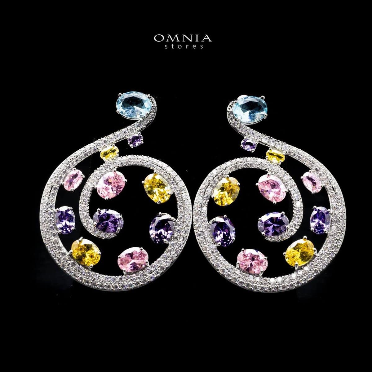 Omnia Fadela Spiral Hoop Earrings with Multicolor Zircon Stone in High Quality Rhodium Plated - OMNIASTORES UAE