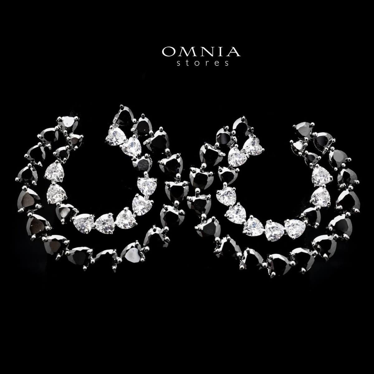 Omnia Basma Infinity Hoop Earrings with White & Black Heart Cut Zircon Stone in High Quality Rhodium Plated - OMNIASTORES UAE