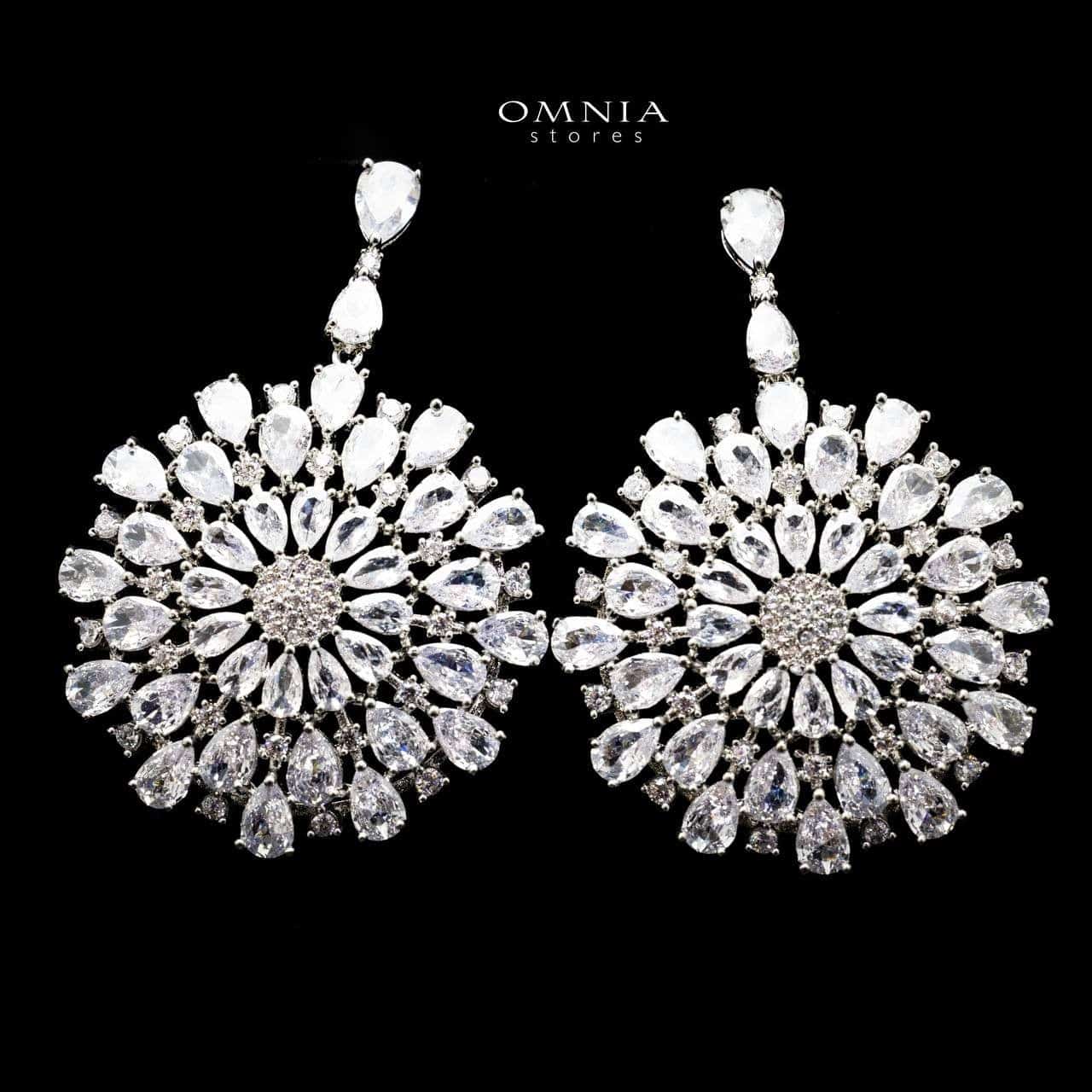 Omnia Inah Sunburst Chandelier Earrings with Pure White Zircon Stone in High Quality Rhodium Plated - OMNIASTORES UAE