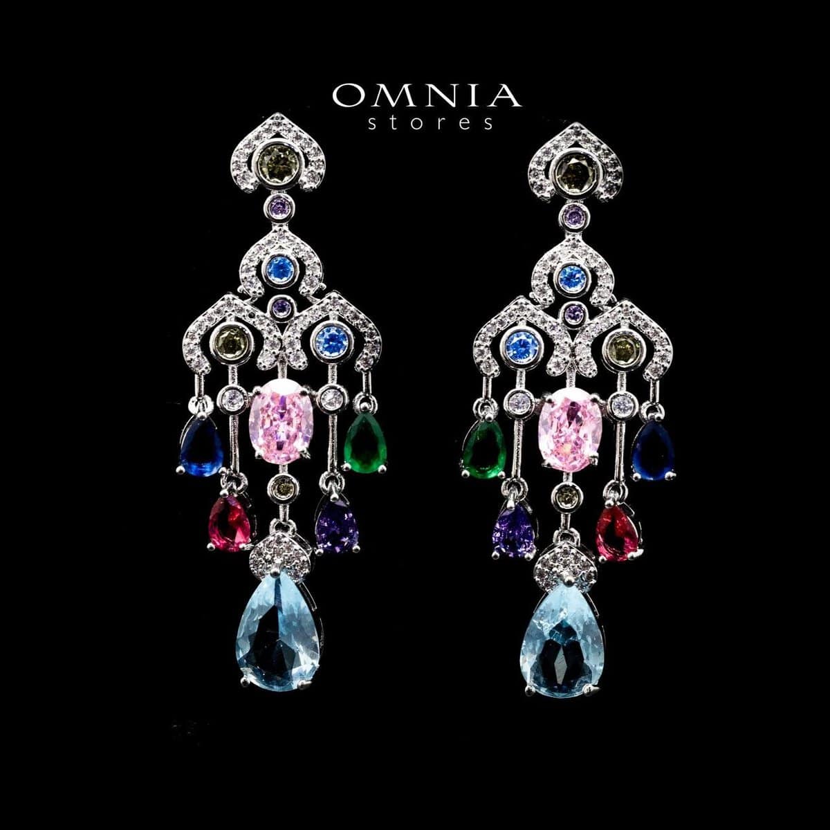 Omnia Zuwaina Radiance Chandelier Earrings with Multicolor Zircon Stone in High Quality Rhodium Plated - OMNIASTORES UAE