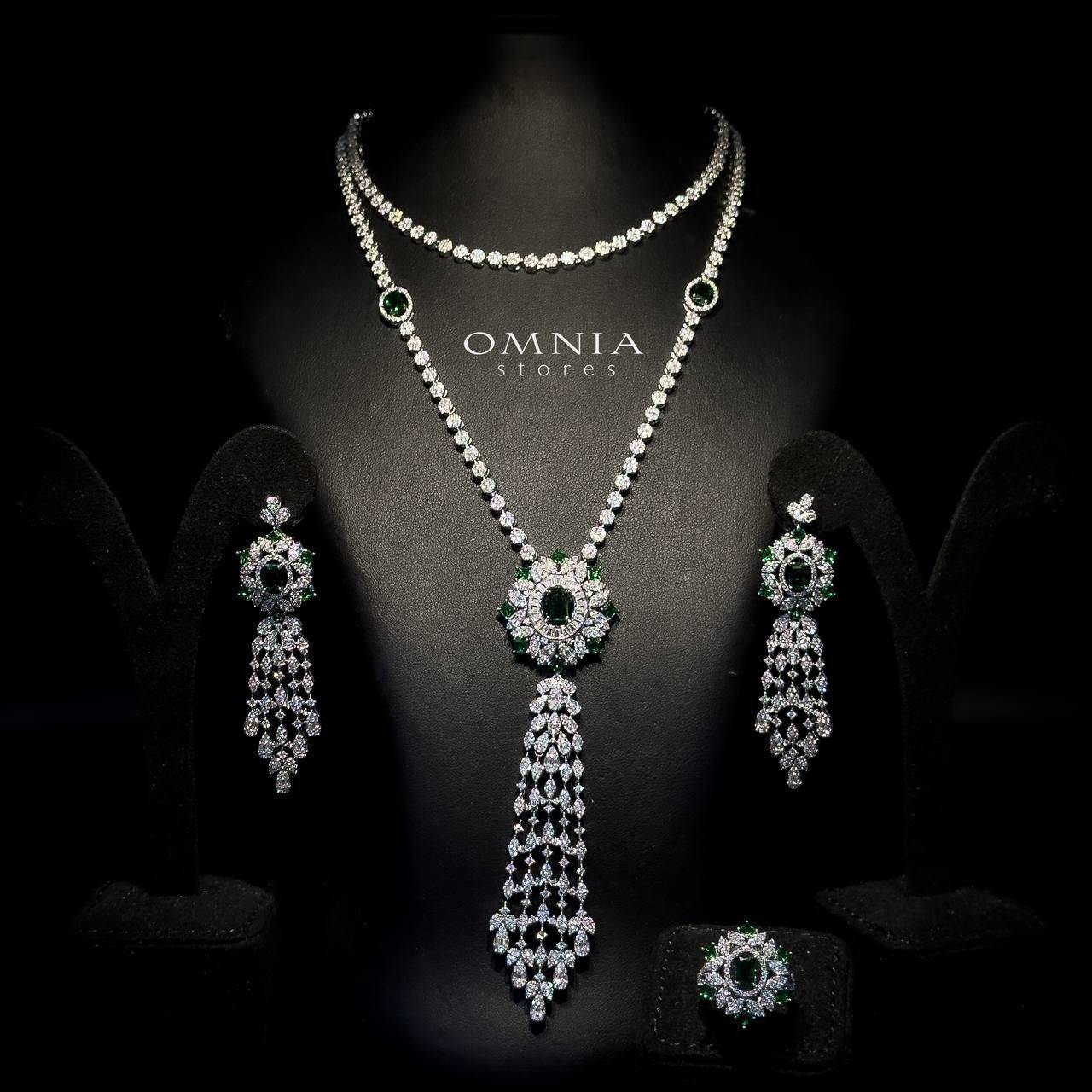 Omnia Ola Green Bridal Long chain Set Accessories in High Quality Zircon Stone Rhodium Plated - OMNIASTORES UAE
