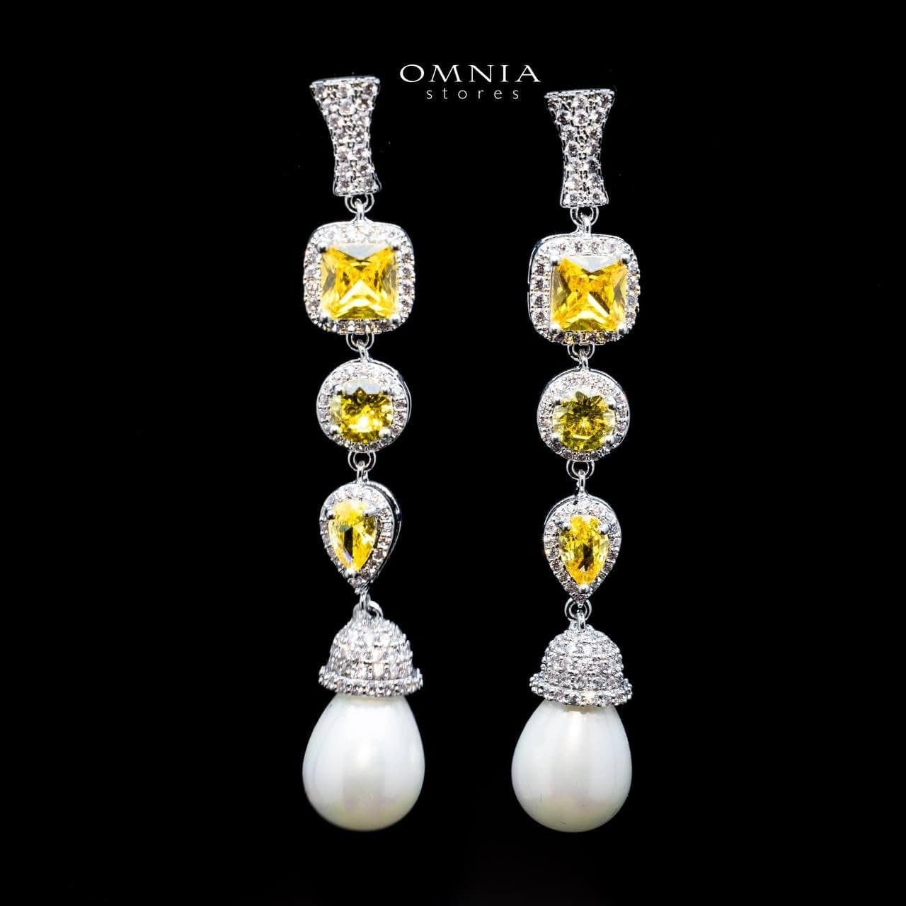 Omnia Farida Pearl Drop Earrings with High Quality Yellow Zircon Stone in Rhodium Plated - OMNIASTORES UAE