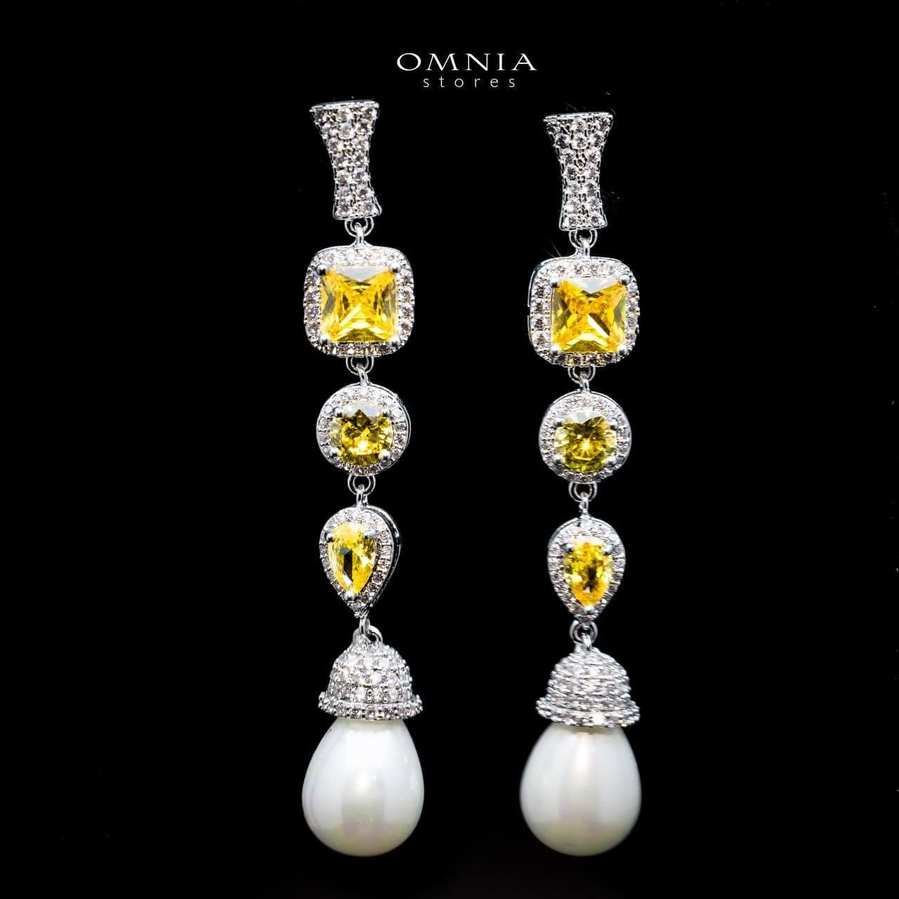 Omnia Farida Pearl Drop Earrings with High Quality Yellow Zircon Stone in Rhodium Plated - OMNIASTORES UAE