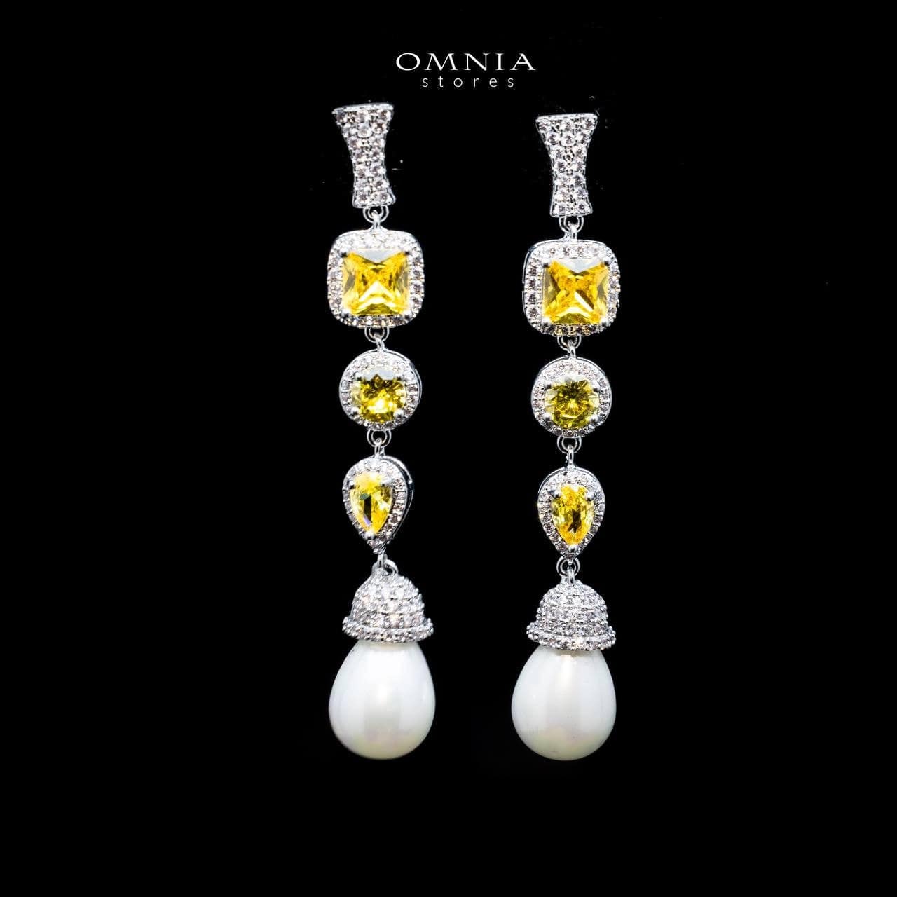 Omnia Farida Pearl Drop Earrings with High Quality Yellow Zircon Stone in Rhodium Plated - OMNIASTORES UAE