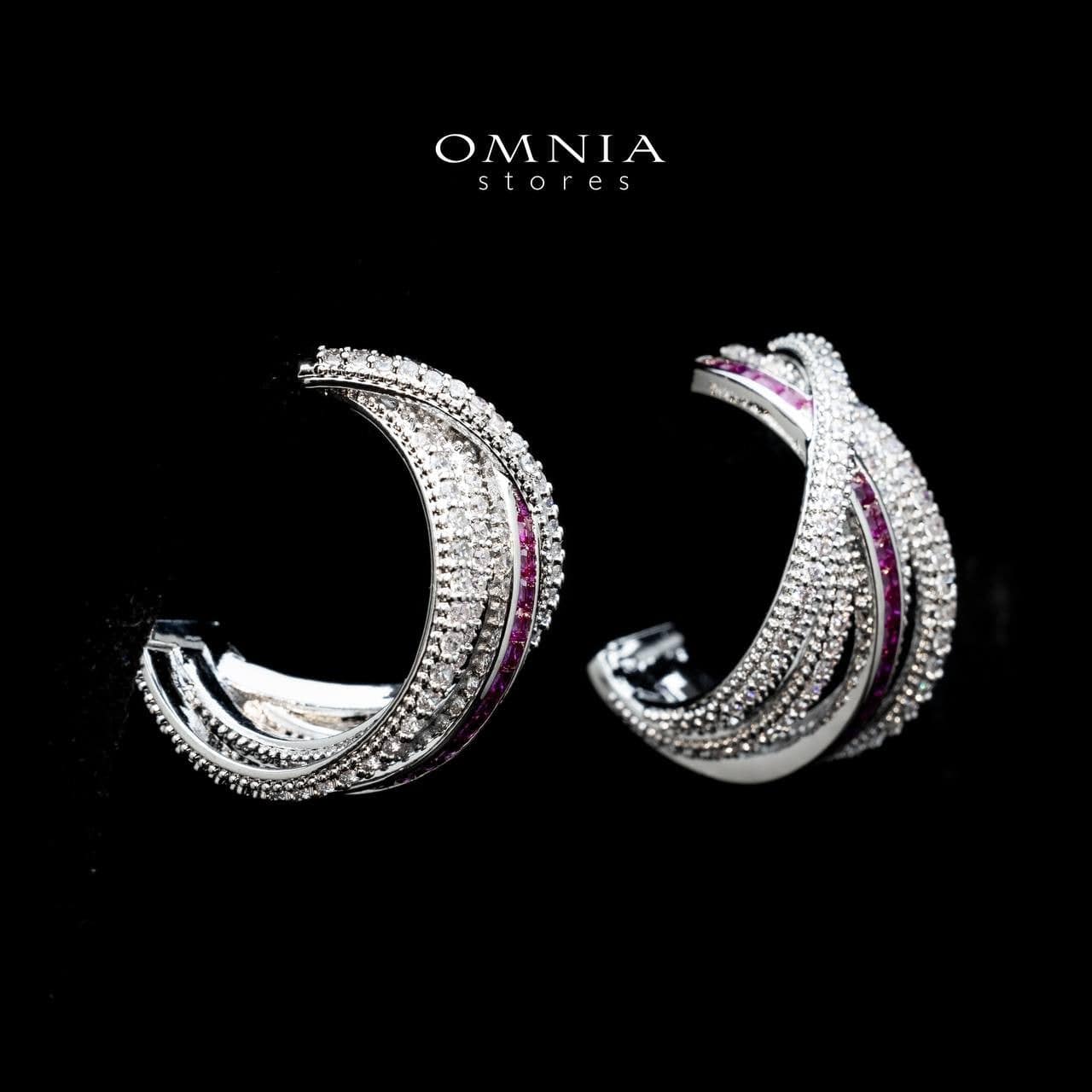 Omnia Tiffany Double Tone Wrap Hoop Earrings with Maroon Zircon in High Quality Rhodium Plated - OMNIASTORES UAE
