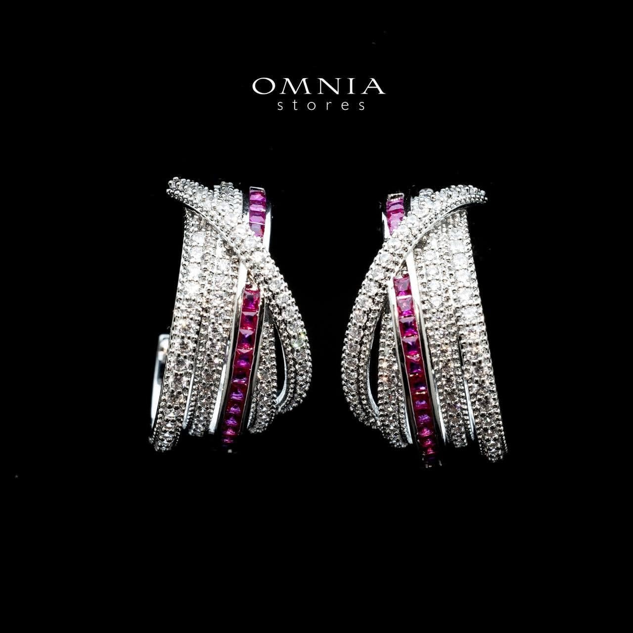 Omnia Tiffany Double Tone Wrap Hoop Earrings with Maroon Zircon in High Quality Rhodium Plated - OMNIASTORES UAE