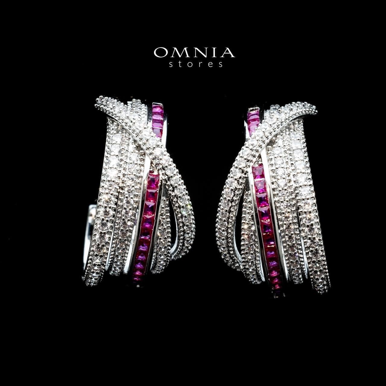 Omnia Tiffany Double Tone Wrap Hoop Earrings with Maroon Zircon in High Quality Rhodium Plated - OMNIASTORES UAE