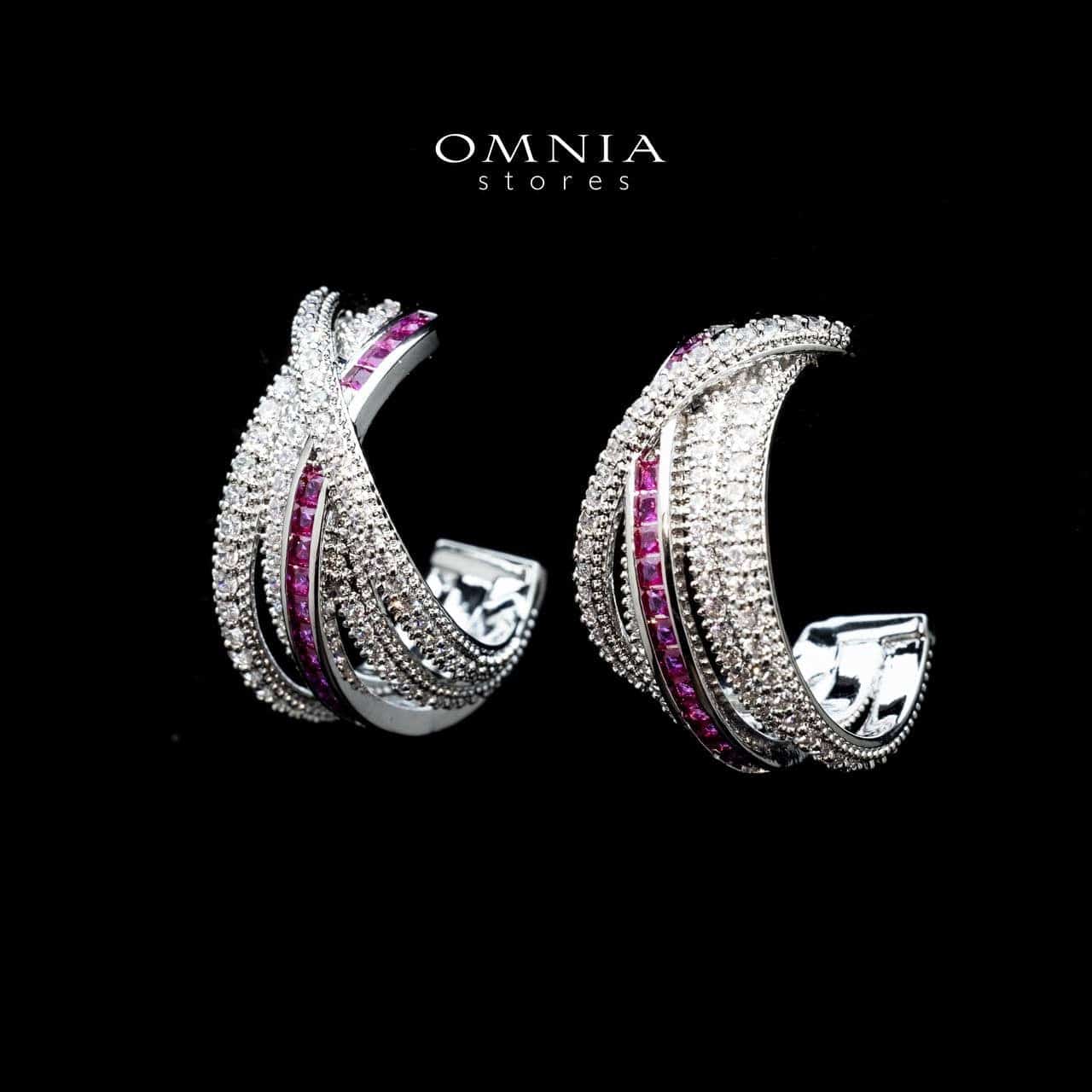 Omnia Tiffany Double Tone Wrap Hoop Earrings with Maroon Zircon in High Quality Rhodium Plated - OMNIASTORES UAE