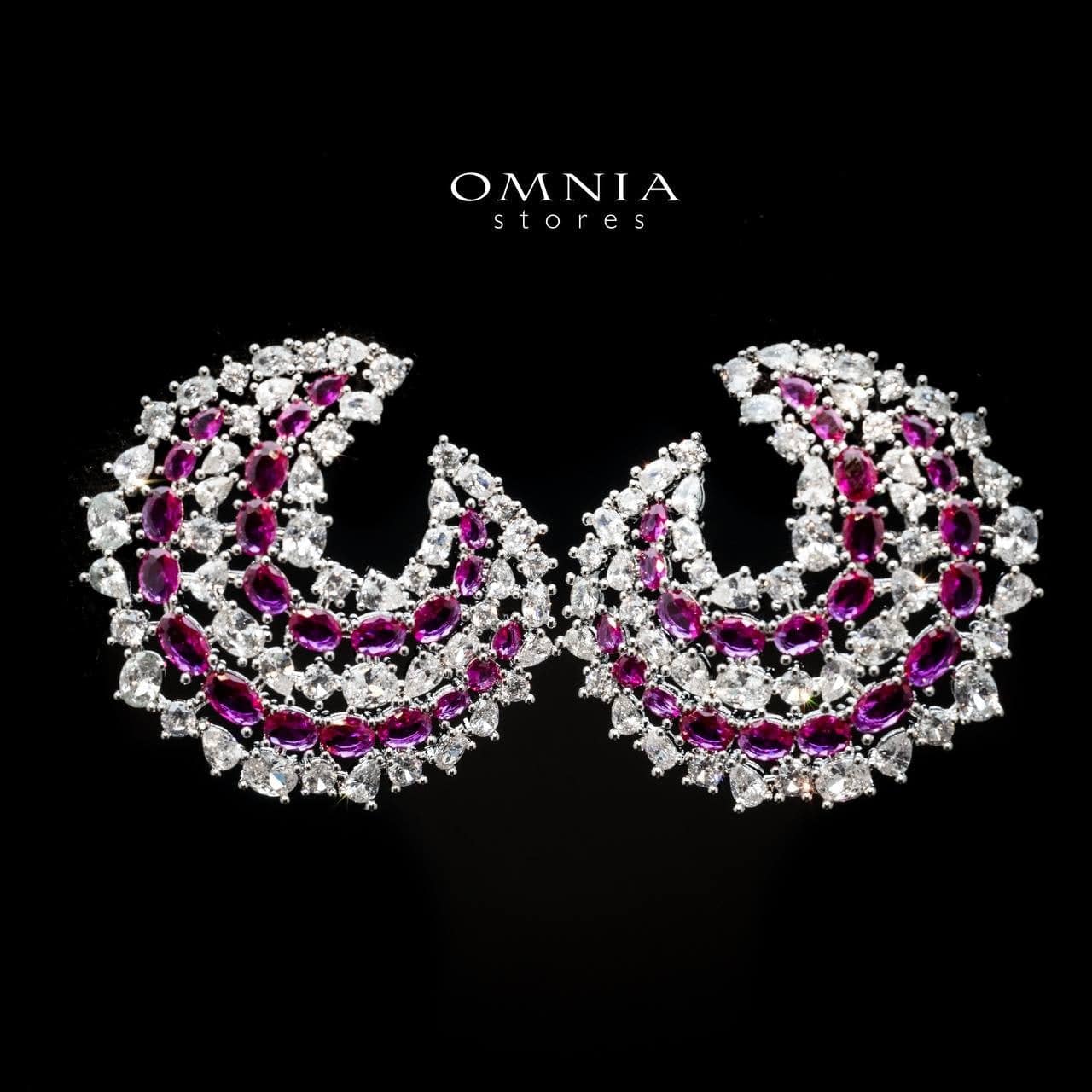 Omnia Salma Crescent Earrings with Maroon and White Zircon in High Quality Rhodium Plated - OMNIASTORES UAE