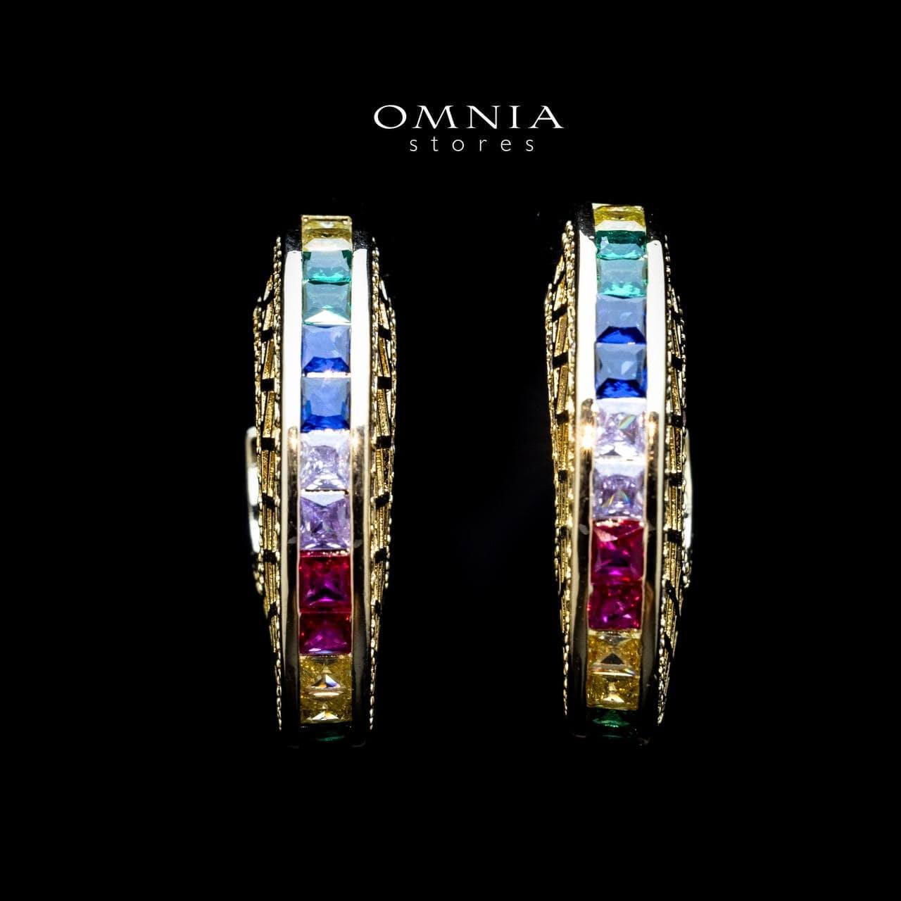 Omnia Joud Golden Earrings With High Quality Multicolor Zircon Stone in Rhodium Plated - OMNIASTORES UAE