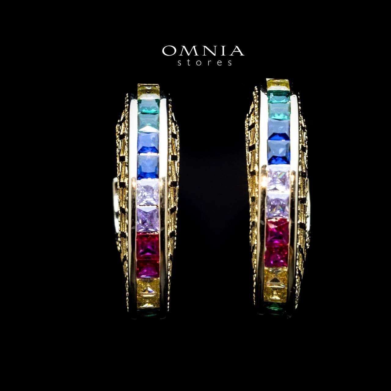 Omnia Joud Golden Earrings With High Quality Multicolor Zircon Stone in Rhodium Plated - OMNIASTORES UAE