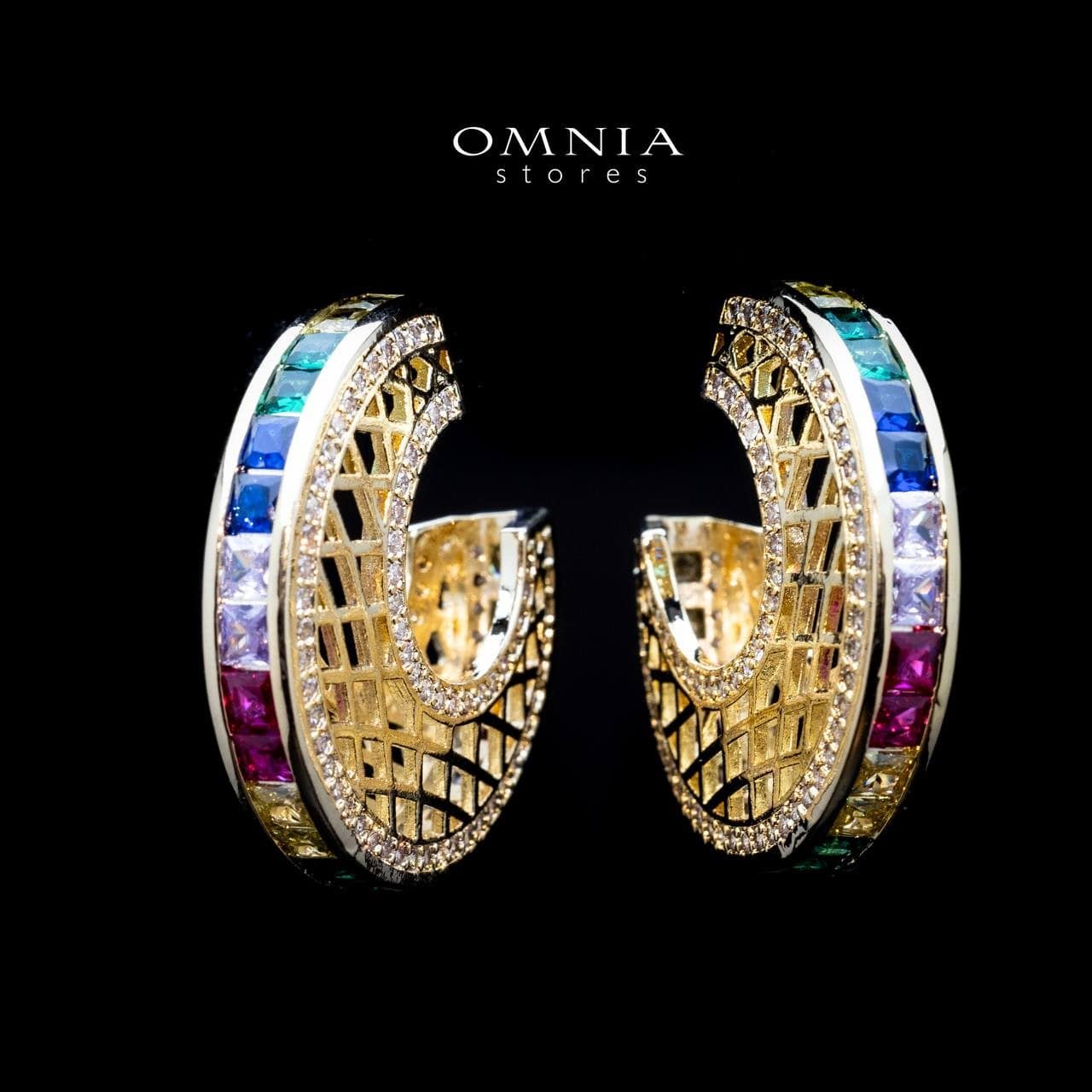 Omnia Joud Golden Earrings With High Quality Multicolor Zircon Stone in Rhodium Plated - OMNIASTORES UAE