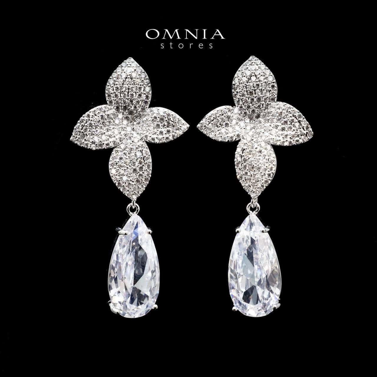 Omnia Ameera Floral Drop Earrings with White Zircon Stone in High Quality Rhodium Plated - OMNIASTORES UAE