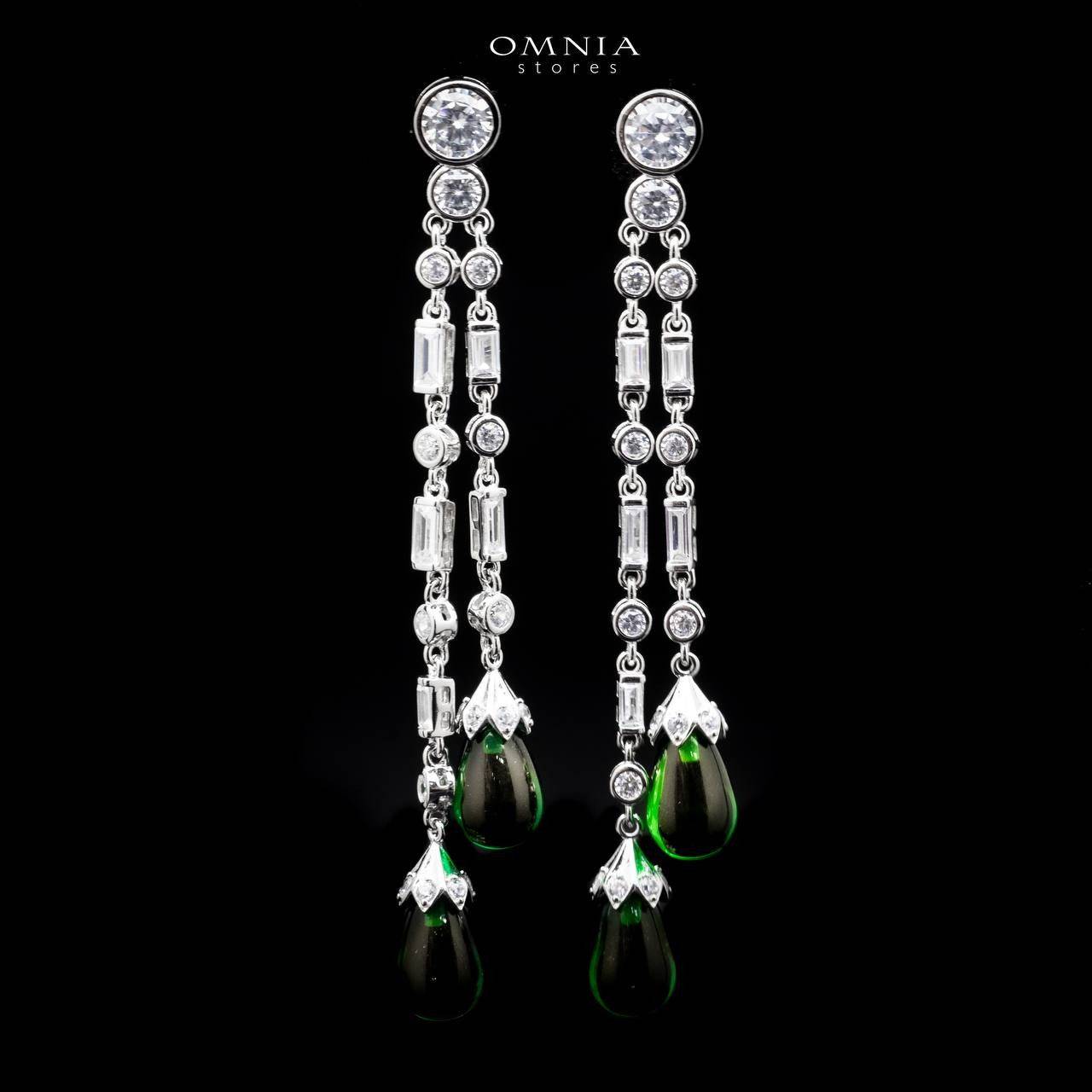 Omnia Leila Long Chain Drop Earrings with Green Teardrop Accent in 92.5 Silver with High Quality Simulated Diamonds - OMNIASTORES UAE