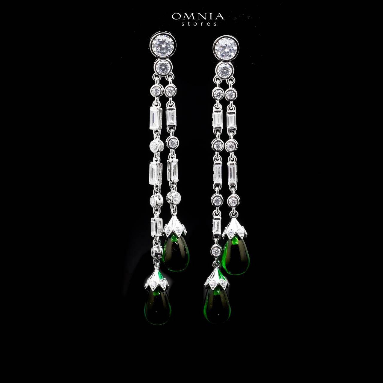 Omnia Leila Long Chain Drop Earrings with Green Teardrop Accent in 92.5 Silver with High Quality Simulated Diamonds - OMNIASTORES UAE
