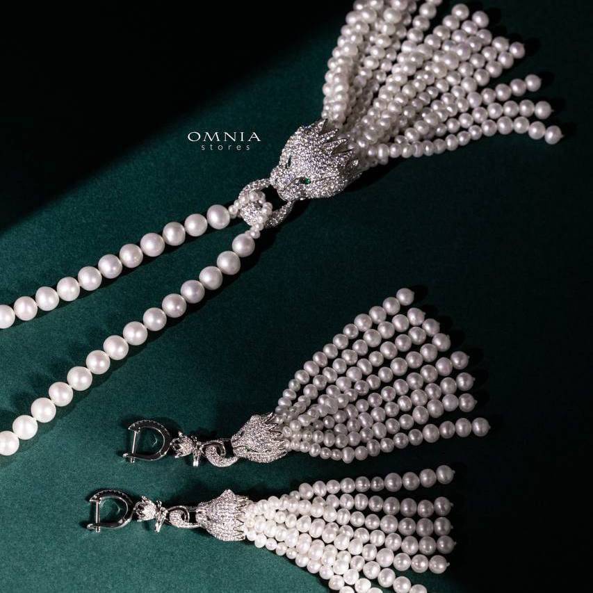 Omnia Munira Leopard Fresh Real Water Pearl Set in 92.5 Silver High Quality Simulated diamonds - OMNIASTORES UAE