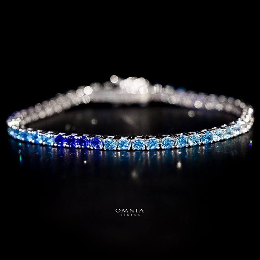 Omnia Tasneem Blue 3mm Tennis Bracelet in 92.5 Silver High Quality Simulated diamonds