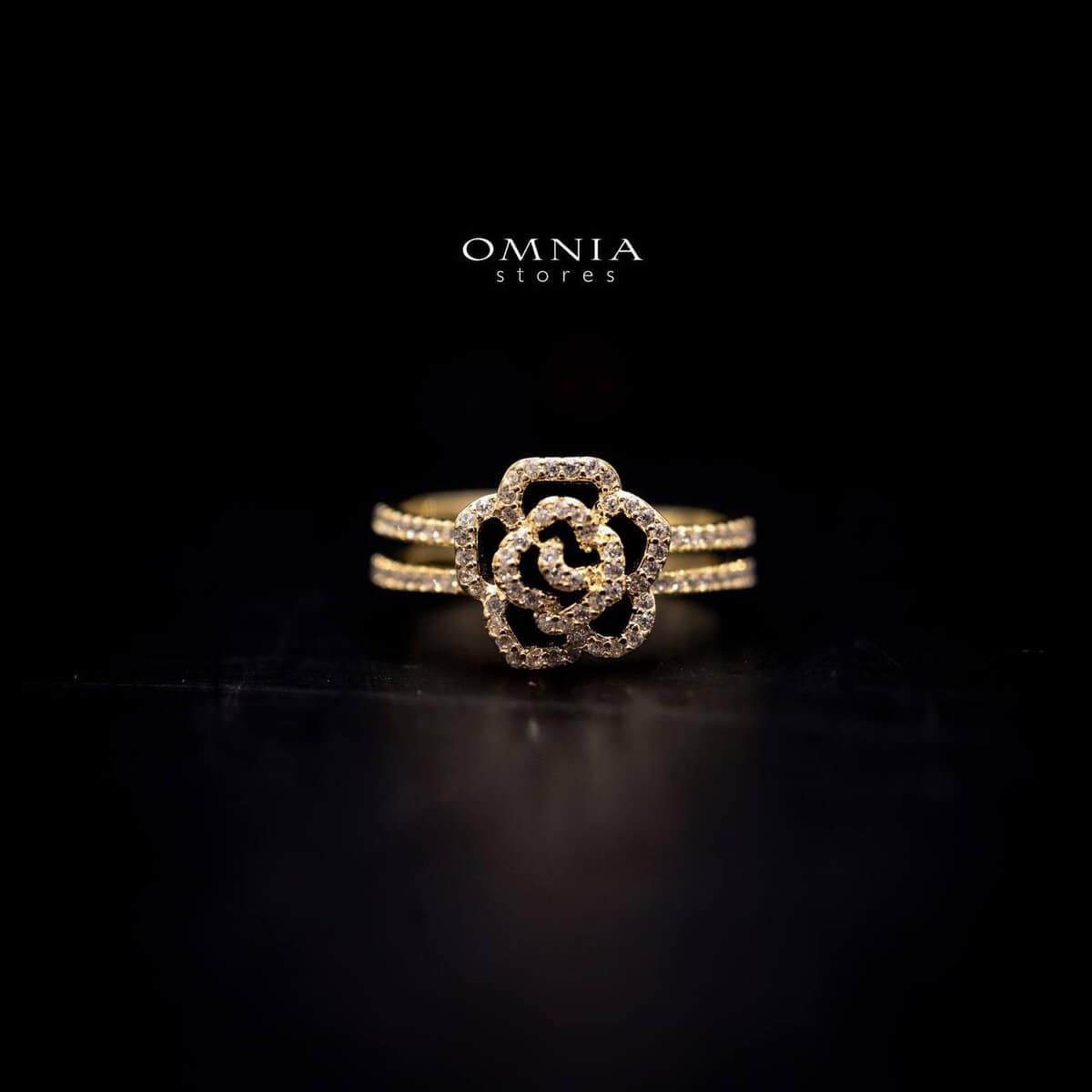 Omnia Rose Floral Gold Ring with Iced Cut Stones in High Quality 92.5 Silver - OMNIASTORES UAE