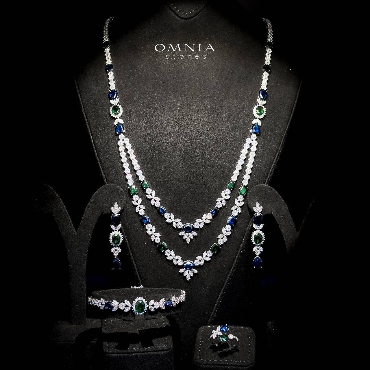 Omnia Jade Blue and Green Bridal Long Chain Set Accessories in High Quality Zircon Stone Rhodium Plated - OMNIASTORES UAE
