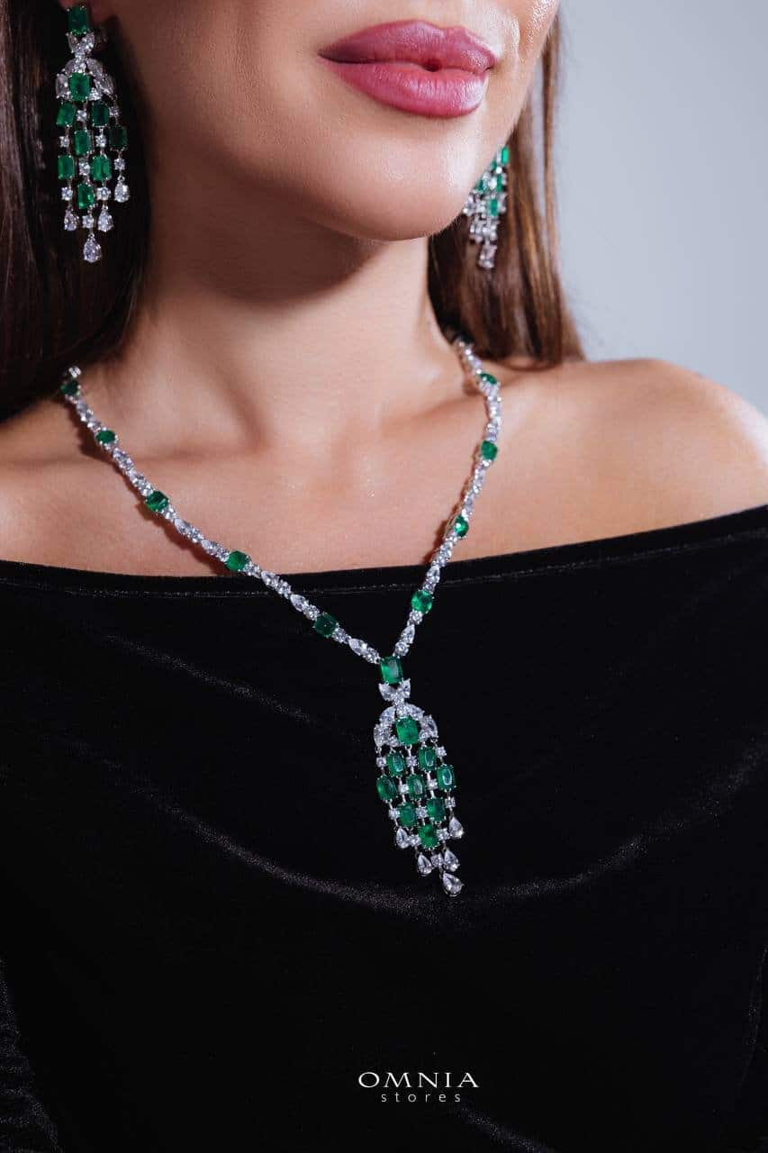 Omnia Israa Green Necklace In 92.5 Silver High Quality Simulated diamonds - OMNIASTORES UAE