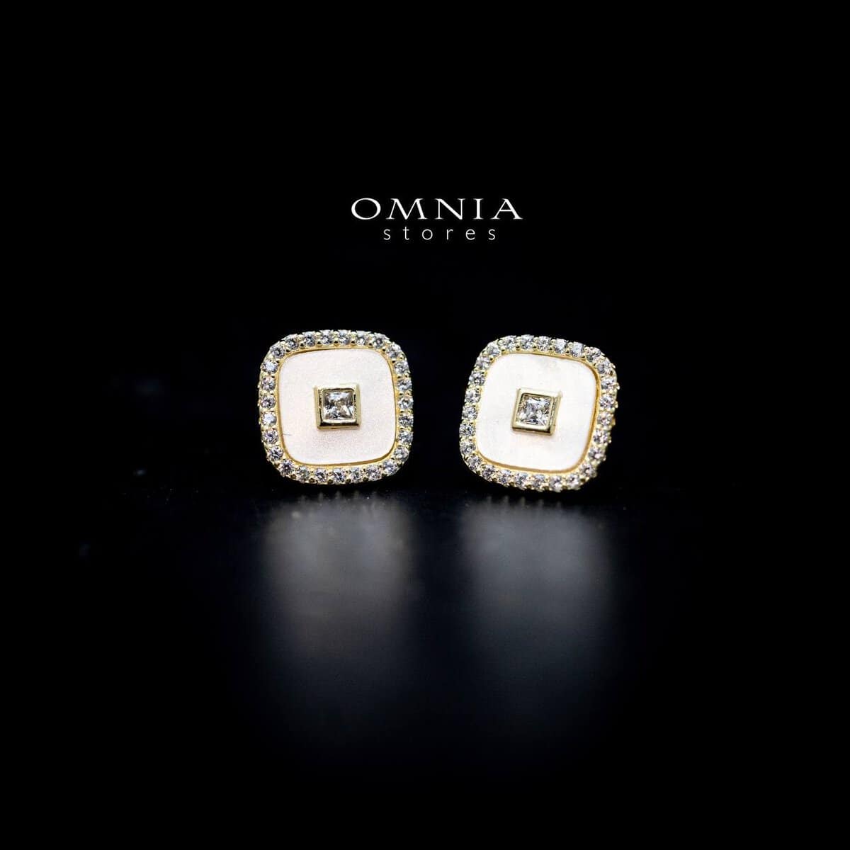 Omnia Camilla Golden Square Stud Earrings in 925 Silver with High Quality Iced Cut Stones - OMNIASTORES UAE