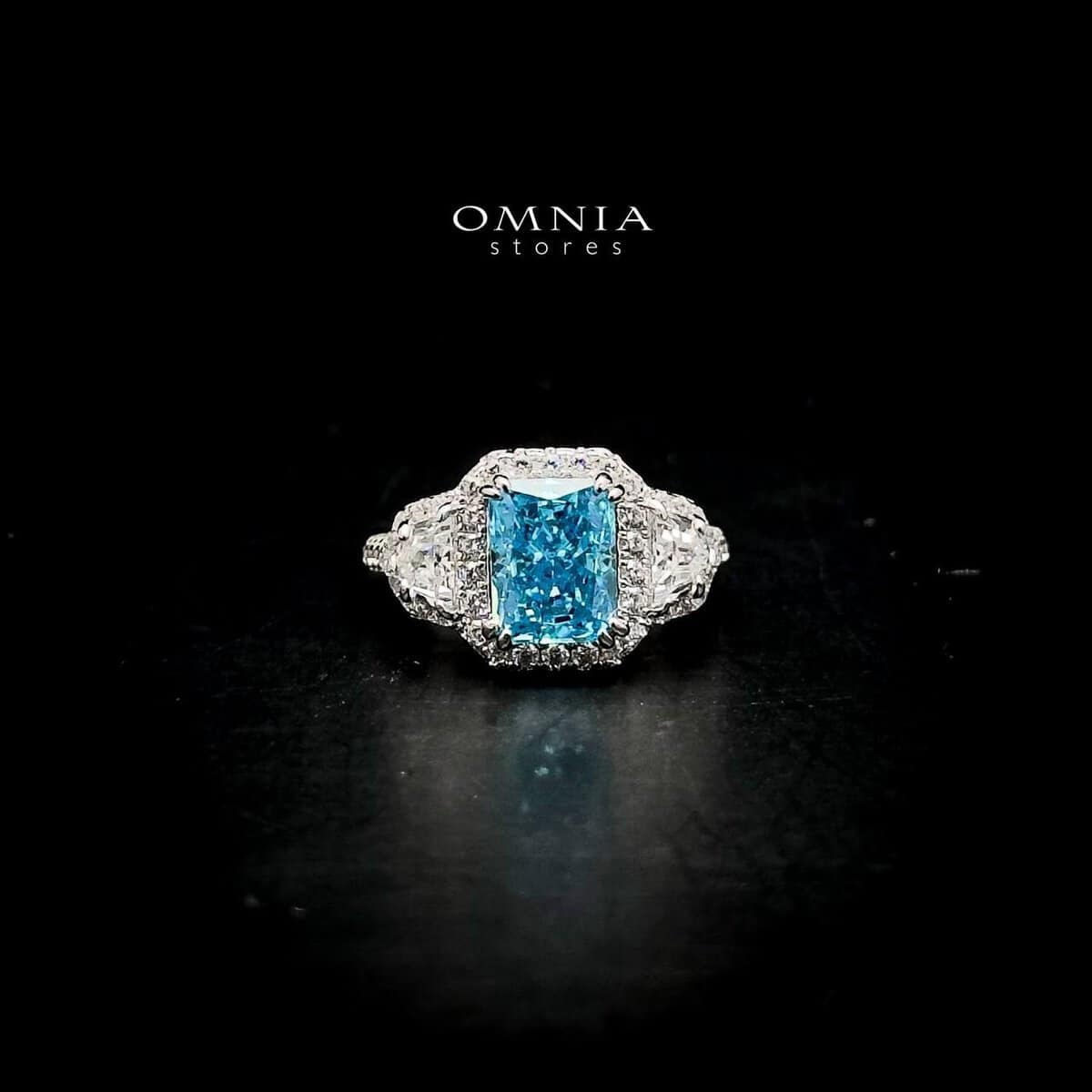 Omnia Aseel Radiant Cut Sky Blue Ring in 92.5 Silver with High Quality Simulated Diamonds - OMNIASTORES UAE