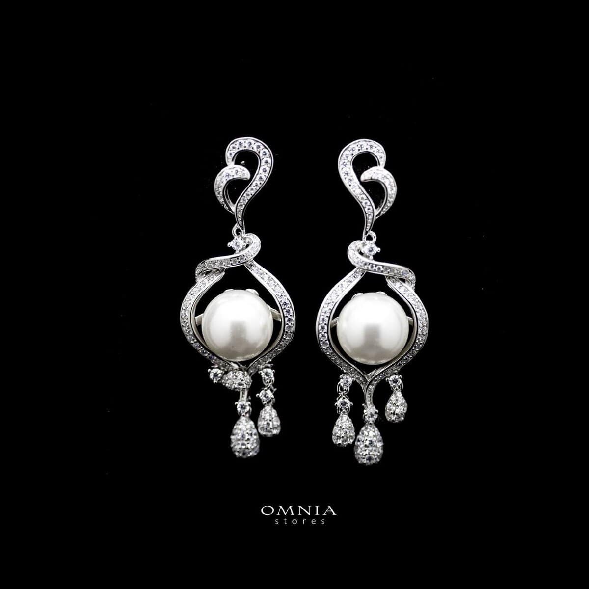Omnia Amara White Pearl Drop Earrings in 92.5 Silver with High Quality Simulated Diamonds - OMNIASTORES UAE