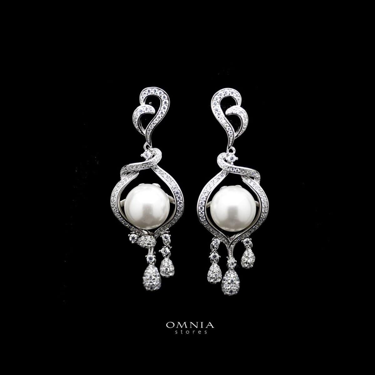 Omnia Amara White Pearl Drop Earrings in 92.5 Silver with High Quality Simulated Diamonds - OMNIASTORES UAE