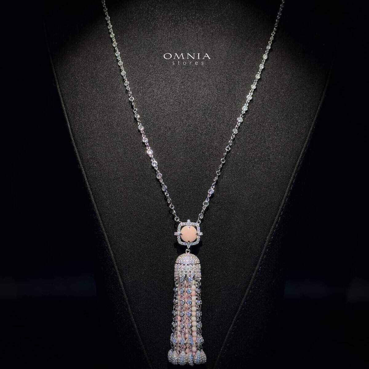 Omnia Yasmin Pink Long Chain Tassel Necklace & Earrings in 92.5 Silver with High Quality Simulated Diamonds