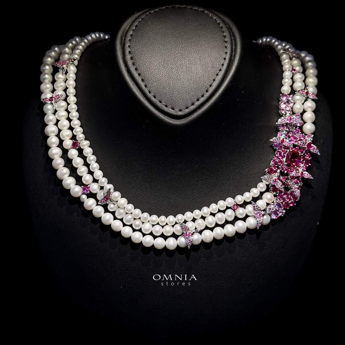 Omnia Pearl Necklace in 92.5 Silver with High Quality Simulated Diamonds (Pre-order) - OMNIASTORES UAE