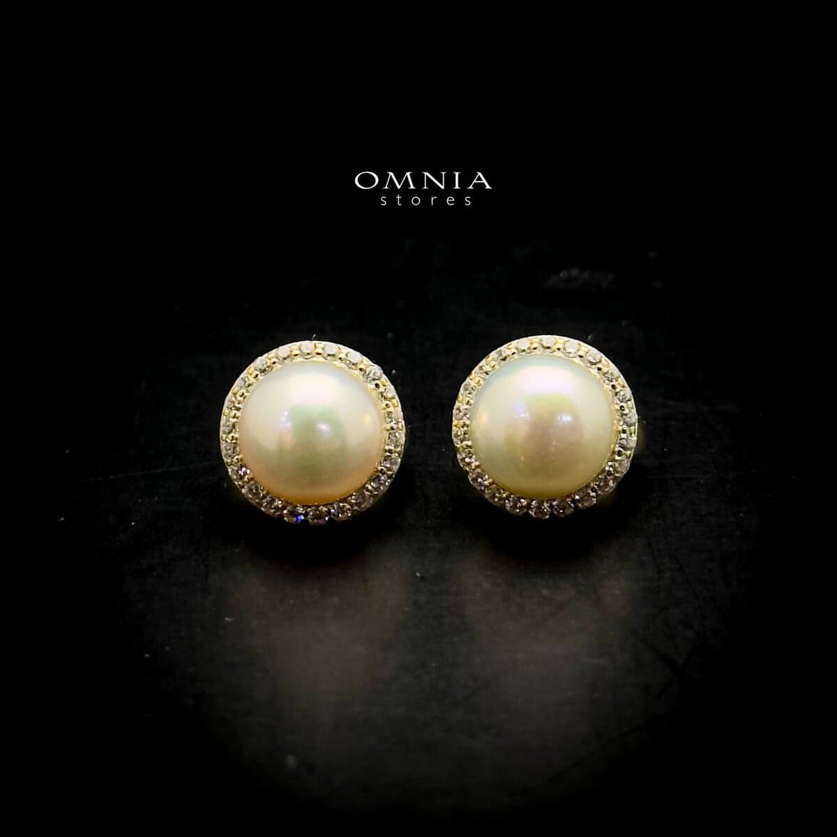 Omnia Dalal Gold Pearl Clip-On Earrings with Iced Cut Stones in High Quality 92.5 Silver - OMNIASTORES UAE